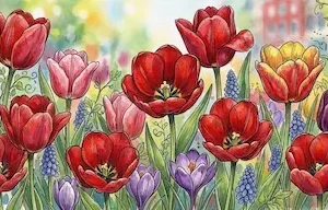 Khóm hoa tulip nhiều màu sắc nở rực rỡ dưới ánh nắng