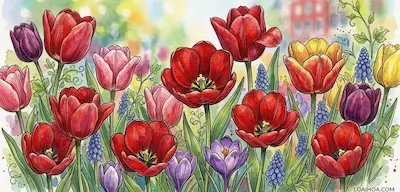 tranh màu nước kết hợp phác thảo nét mực đen một khóm nhiều hoa tulip đỏ và cam nở rộ rực rỡ và chữ bản quyền nhỏ LOAIHOA.COM