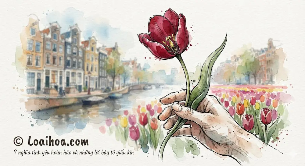 Tranh minh họa màu nước kết hợp phác thảo mực đen một bàn tay đang cầm đóa hoa tulip đỏ kiêu hãnh, phía sau là dòng kênh và những ngôi nhà cổ kính cùng cánh đồng hoa tulip rực rỡ, góc dưới có chữ bản quyền Loaihoa.com.