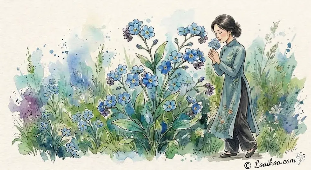 Tranh minh họa màu nước hoa lưu ly xanh và cô gái mặc áo dài truyền thống Việt Nam ngửi hoa