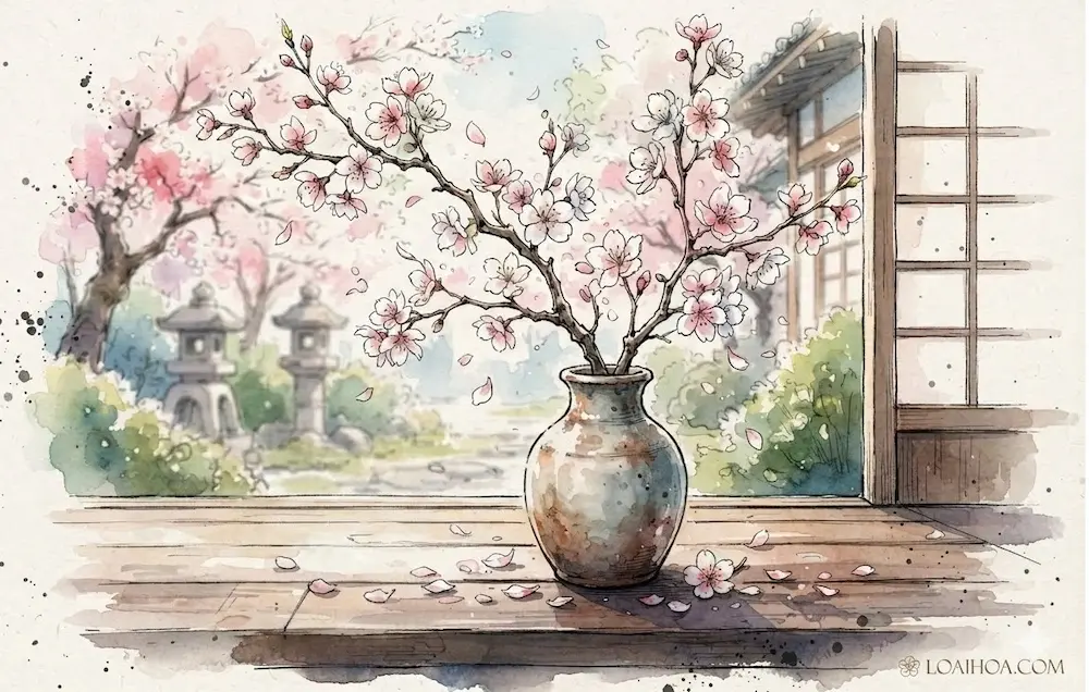 Tranh minh họa màu nước bình hoa anh đào đặt bên hiên nhà gỗ