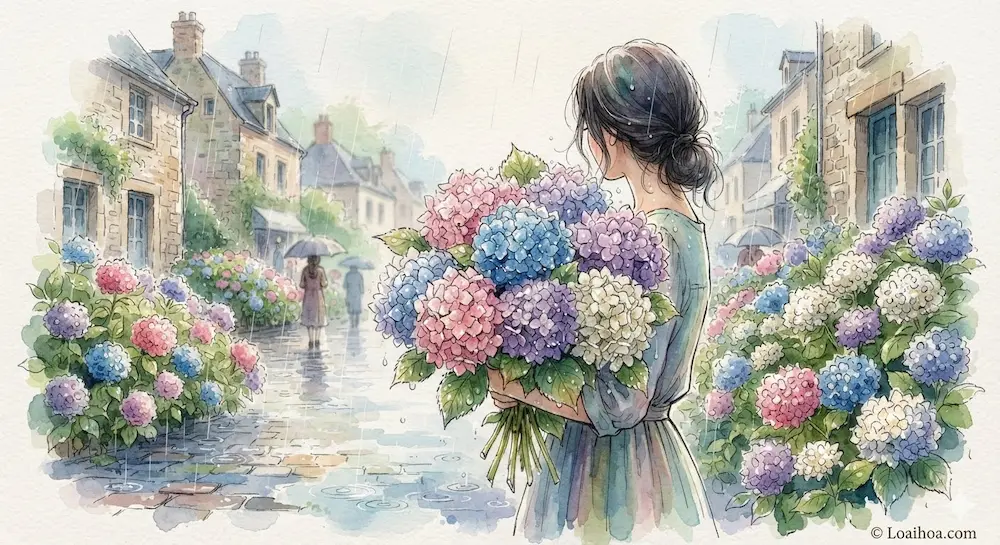 Tranh minh họa màu nước cô gái ôm bó hoa cẩm tú cầu lớn dưới mưa tại một thị trấn cổ 