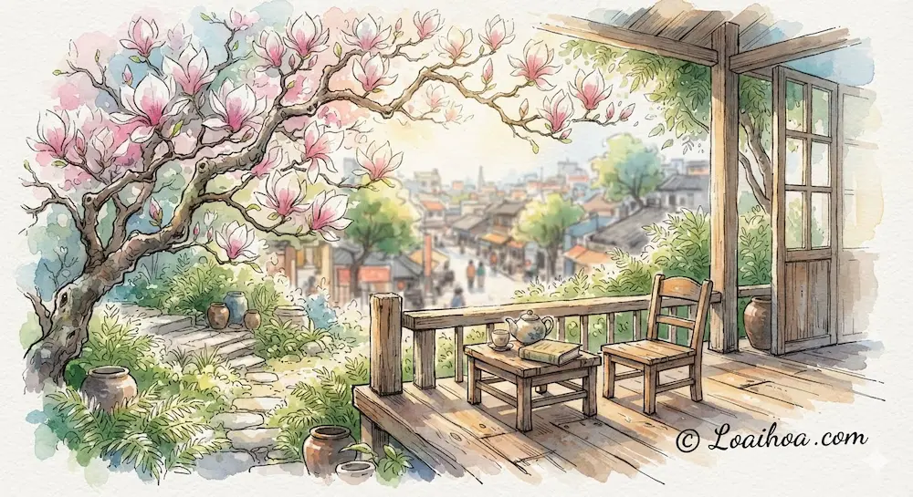 Tranh minh họa màu nước hoa mộc lan hồng nở rộ trước hiên nhà gỗ bình yên nhìn ra con phố thị