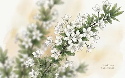 Tranh minh họa màu nước kết hợp phác thảo mực đen cẽ hoa tuyết mai có dòng chữ bản quyền "© Loaihoa.com".