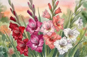 Tranh minh họa màu nước cận cảnh những cành hoa lay ơn nhiều màu sắc đỏ, hồng, trắng rực rỡ với nét phác thảo mực đen tinh tế.