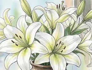 Hoa loa kèn trắng thanh khiết đang nở rộ xen kẽ với những chiếc lá xanh búp non mượt mà.