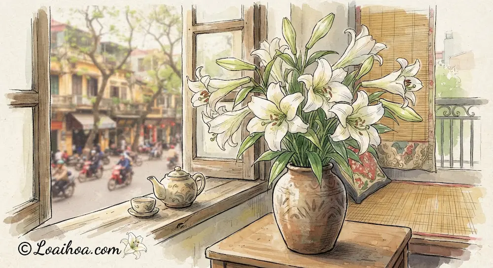 Bức tranh minh họa màu nước kết hợp phác thảo mực đen vẽ một bình gốm mộc mạc cắm đầy hoa loa kèn trắng tháng Tư, đặt trên chiếc bàn gỗ cạnh cửa sổ mở hướng ra góc phố, có dòng chữ bản quyền "© Loaihoa.com"