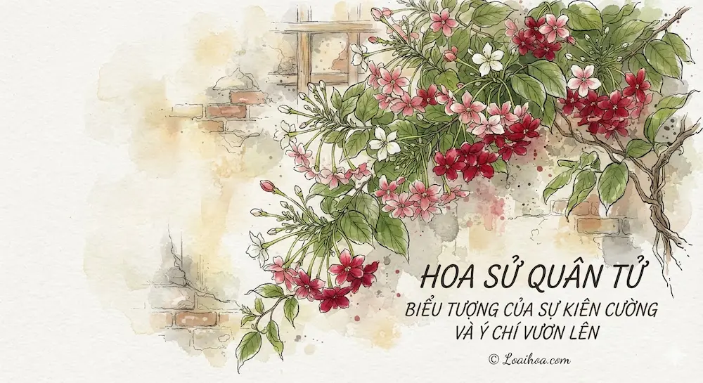 Tranh minh họa màu nước giàn hoa sử quân tử đổi màu từ trắng, hồng đến đỏ rực rỡ leo trên bức tường gạch cũ, kèm dòng chữ biểu tượng của sự kiên cường và bản quyền Loaihoa.com.