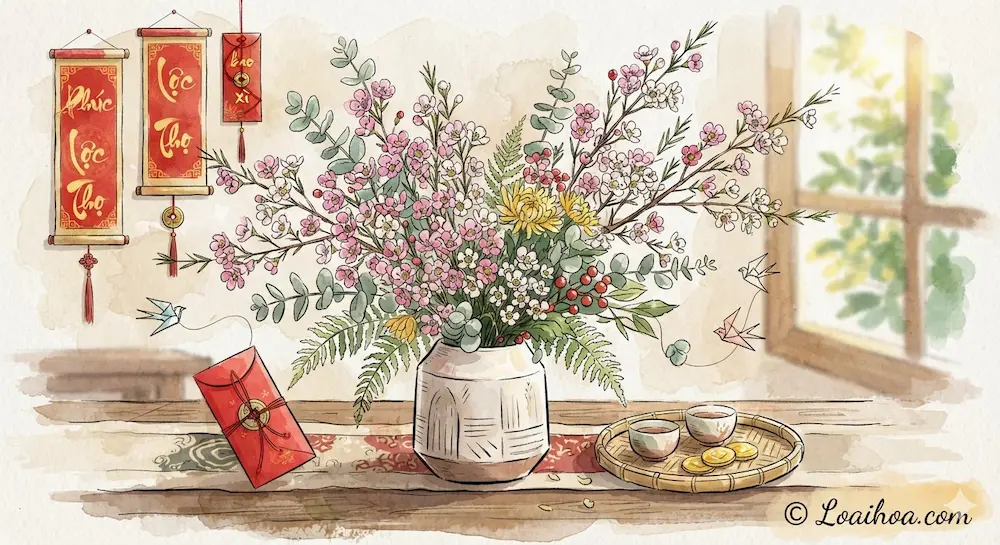Hình ảnh bình hoa thanh liễu kết hợp lá bạc và hoa cúc vàng mang phong cách hiện đại đón xuân bên liễn đối Tết, bao lì xì và tách trà.