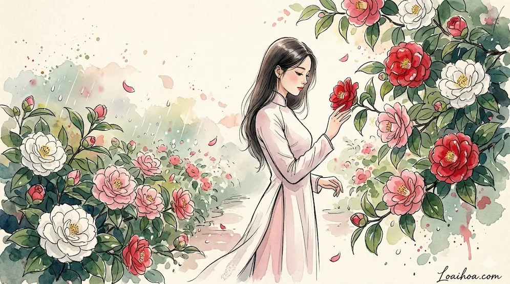 Tranh minh họa màu nước kết hợp phác thảo mực đen vẽ một thiếu nữ mặc áo dài thướt tha duyên dáng bên cạnh những khóm hoa trà my màu hồng, đỏ và trắng nở rộ lãng mạn dưới làn mưa xuân nhẹ.