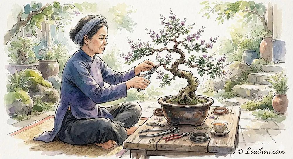 Tranh minh họa màu nước người phụ nữ mặc áo bà ba đang tỉ mẩn uốn cành và cắt tỉa chậu hoa linh sam bonsai trong không gian sân vườn yên bình tại Loaihoa.com