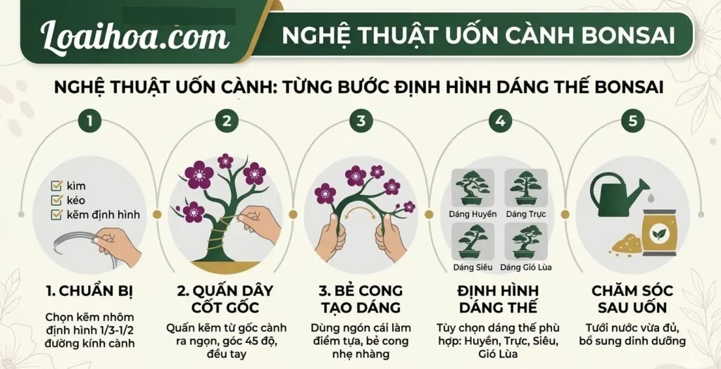 Tung buoc nghe thuat uon canh dinh hinh dang the hoa linh sam bonsai