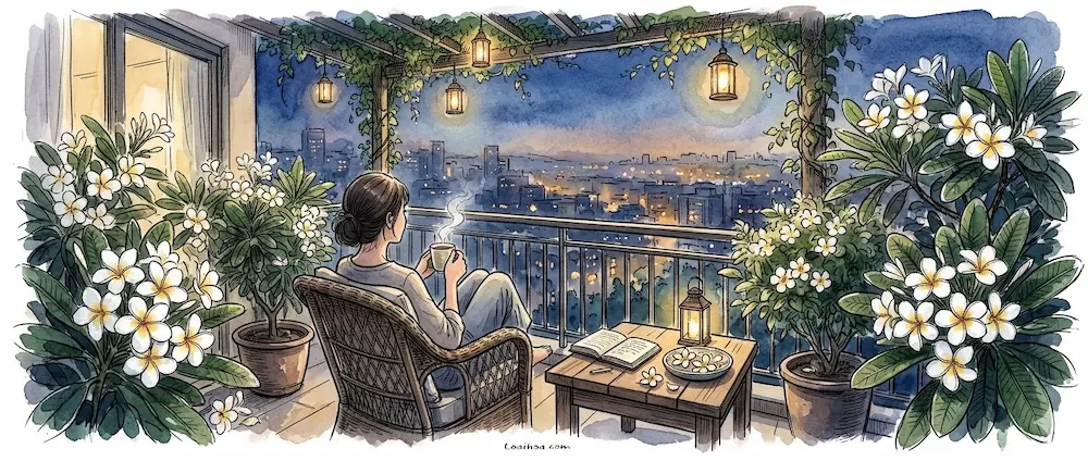Hình ảnh thư giãn tâm trí sau ngày dài mệt mỏi với hương thơm dịu nhẹ từ hoa sứ trắng bản quyền Loaihoa.com.