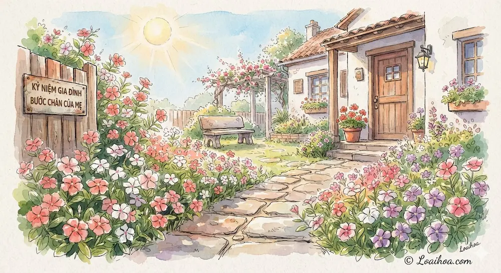 Hình ảnh thảm hoa dừa cạn rực rỡ khoe sắc dưới nắng hè bên lối vào nhà rêu phong