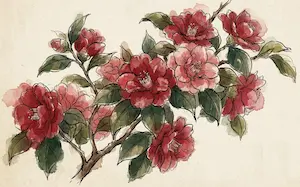 Hoa hải đường đỏ thắm góc sân ngày Tết chuẩn phong cách tản văn nghệ thuật.