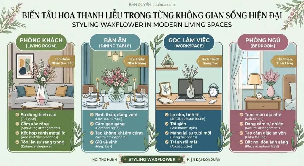 Hướng dẫn cách biến tấu hoa thanh liễu phù hợp cho từng không gian sống hiện đại như phòng khách, bàn ăn và góc làm việc của Loaihoa.com