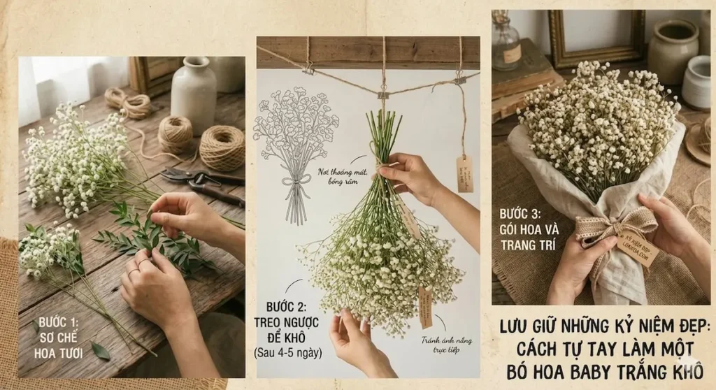 Infographic 3 bước hướng dẫn cách tự tay làm một bó hoa baby trắng khô tại nhà gồm sơ chế hoa tươi, treo ngược để khô và gói hoa trang trí kỷ niệm.