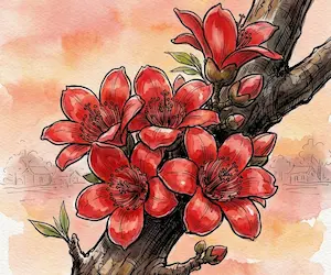 chùm hoa gạo đỏ năm cánh nở rộ trên nhành cây xù xì